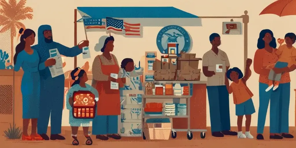 A family receiving government assistance, depicted with symbols of food stamps, financial aid, and healthcare services, emphasizing support for those in need